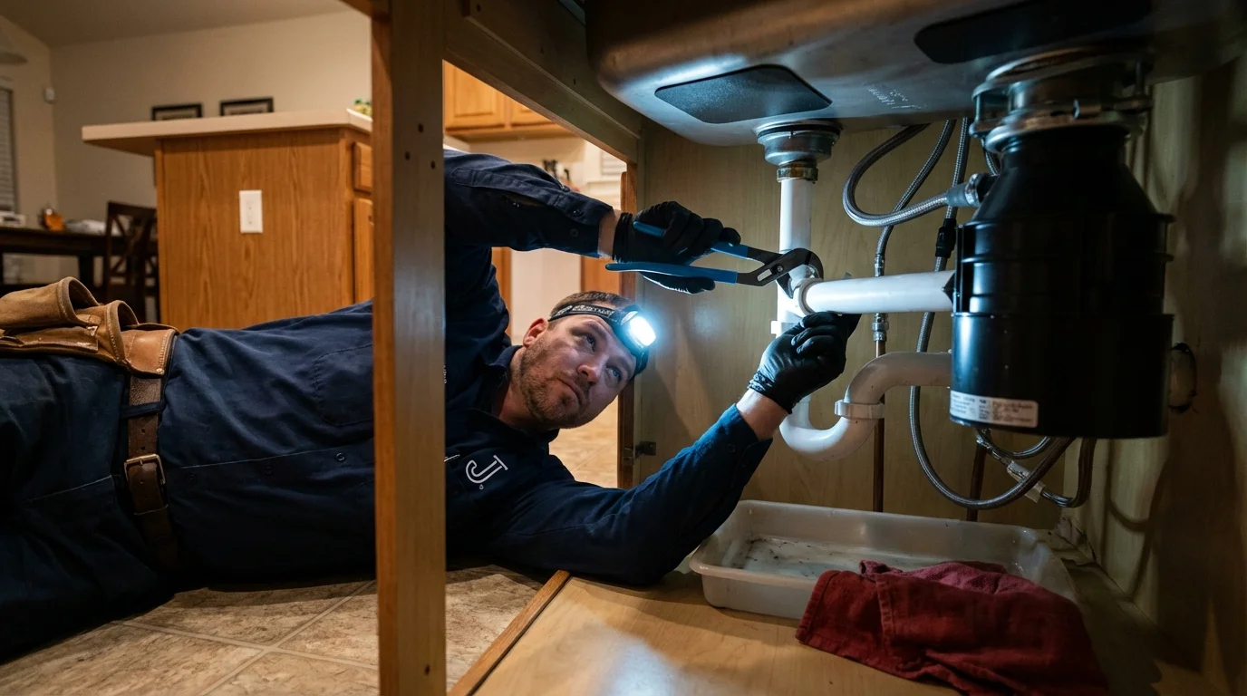 P-trap and supply line connections under a kitchen sink showing a common leak point in Bountiful, UT